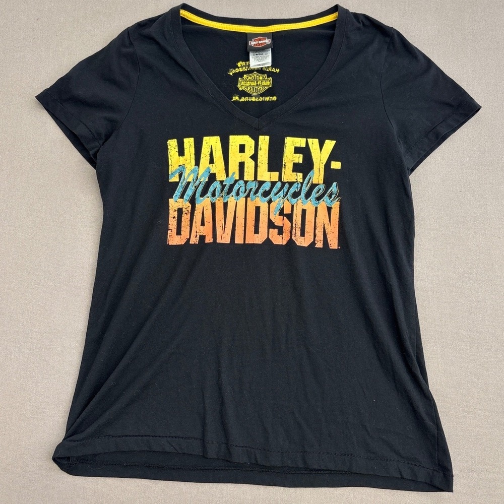 Harley-Davidson Womens XL V-Neck Graphic T-Shirt Black Schaeffers Orwigsburg PA
